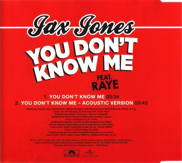 Jax Jones Feat. Raye (3) : You Don't Know Me (CD, Single)