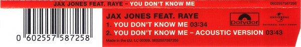 Jax Jones Feat. Raye (3) : You Don't Know Me (CD, Single)