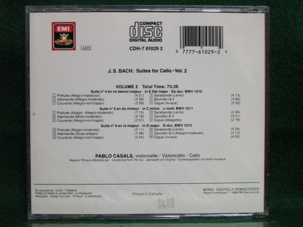 Johann Sebastian Bach / Pablo Casals : Suites For Cello - Volume 2 (CD, Comp, Mono, RM)