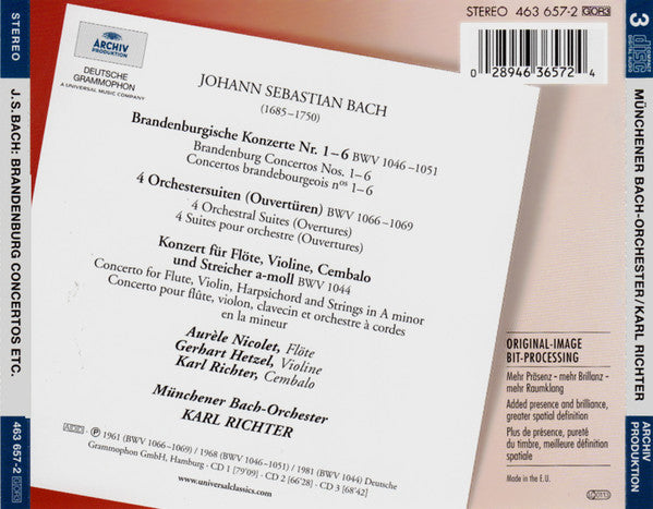 Johann Sebastian Bach – Münchener Bach-Orchester, Karl Richter : 6 Brandenburgische Konzerte, 4 Oüverturen, Tripelkonzert BWV 1044 (3xCD, Comp, RE, RM)