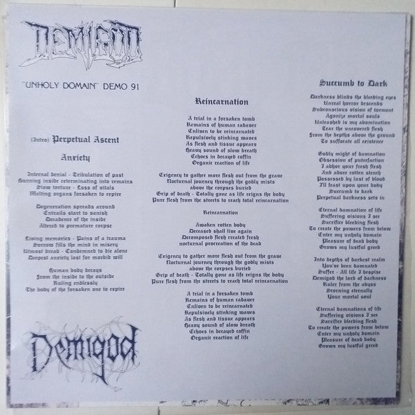 Demigod : Unholy Domain (12", MiniAlbum, Ltd, RE, Blu)