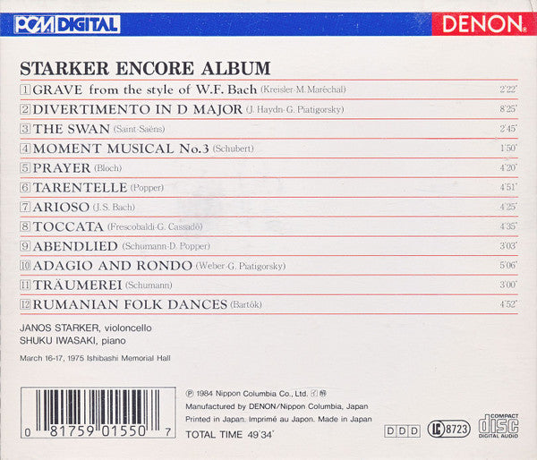 Janos Starker : Starker Encore Album (CD, Album, RE)