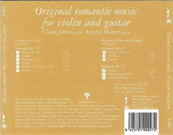 Leonhard Von Call, Wenzeslaus Thomas Matiegka* - Claire Jolivet, Agustín Maruri : Original Romantic Music for Violin and Guitar (CD, Album)