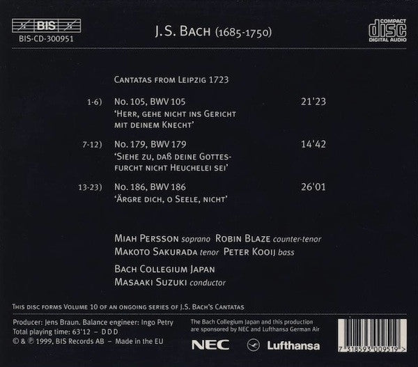 Johann Sebastian Bach, Bach Collegium Japan, Masaaki Suzuki : Cantatas 10 -BWV 105 Herr, Gehe Nicht Ins Gericht - BWV 179 Siehe Zu, Dass Deine Gottesfurcht - BWV 186 Argre Dich, O Seele, Nicht (CD, Album)