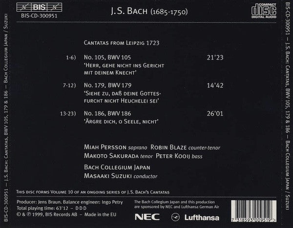 Johann Sebastian Bach, Bach Collegium Japan, Masaaki Suzuki : Cantatas 10 -BWV 105 Herr, Gehe Nicht Ins Gericht - BWV 179 Siehe Zu, Dass Deine Gottesfurcht - BWV 186 Argre Dich, O Seele, Nicht (CD, Album)