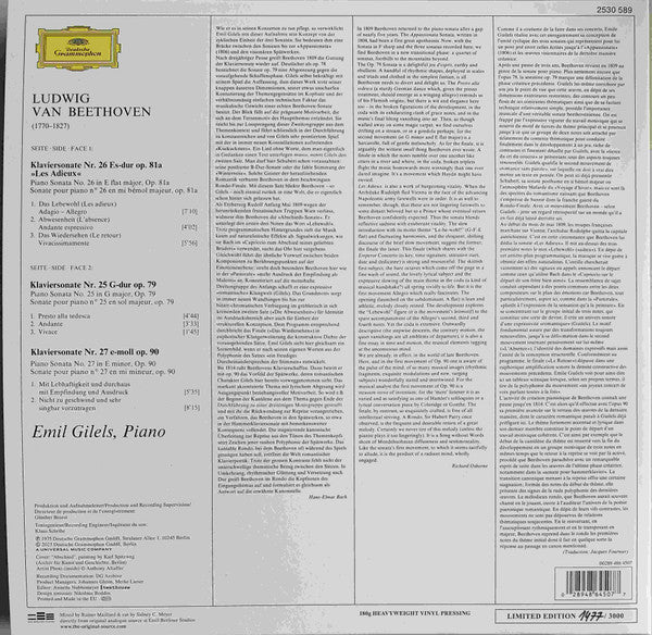 Ludwig van Beethoven, Emil Gilels : Klaviersonaten • Piano Sonatas "Les Adieux" Op. 81a • Op. 79 • Op. 90 (LP, Ltd, Num, RE, RM)