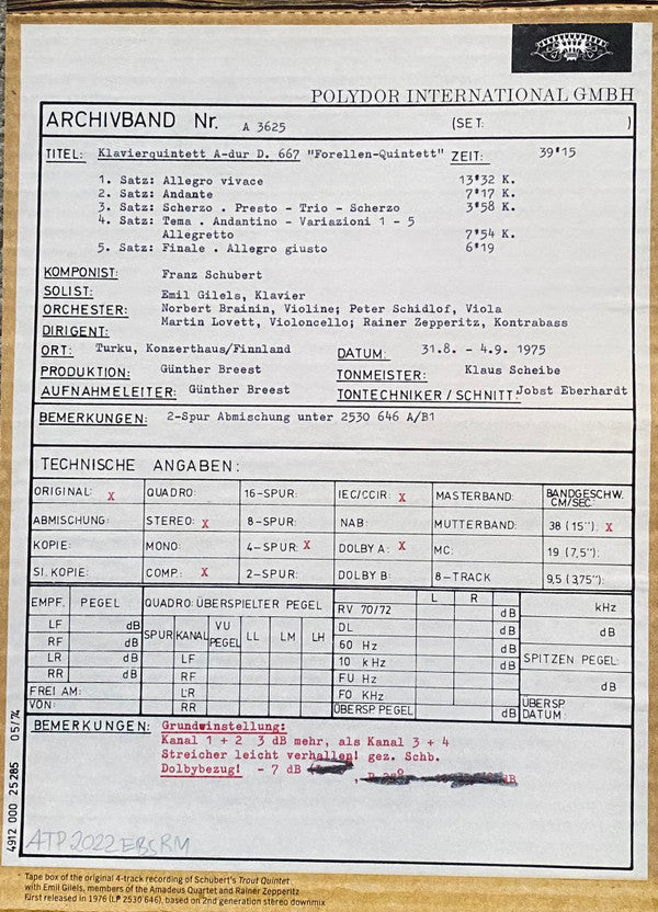 Franz Schubert – Emil Gilels • Amadeus-Quartett • Rainer Zepperitz : Forellenquintett • Trout Quintet • Quintetto »La Trota« (LP, Album, RE, RM, RP, Gat)