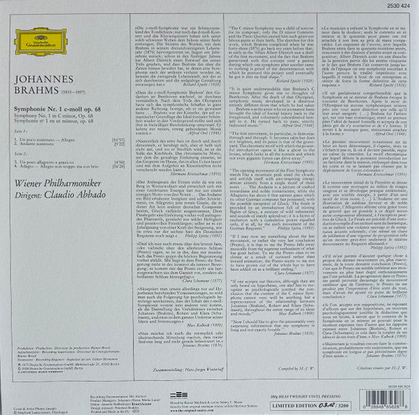 Johannes Brahms, Wiener Philharmoniker, Claudio Abbado : Symphonie Nr. 1 (LP, Album, Ltd, Num, RM)