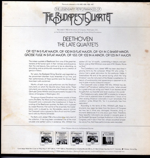 Beethoven* - The Budapest Quartet* : The Late Quartets (4xLP, Mono)