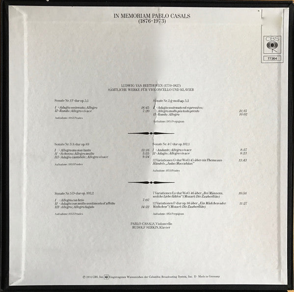 Pablo Casals Rudolf Serkin Ludwig Van Beethoven : IN MEMORIAM PABLO CASALS SÄMTLICHE WERKE FÜR VIOLONCELLO UND KLAVIER (3xLP, Box)