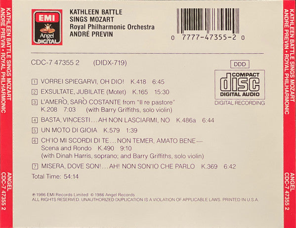 Kathleen Battle Sings Mozart* - Royal Philharmonic Orchestra / André Previn : Kathleen Battle Sings Mozart (CD, Album)