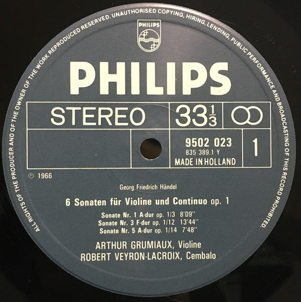 Georg Friedrich Händel : Arthur Grumiaux, Robert Veyron-Lacroix : 6 Sonate Per Violino Op. 1 (LP)