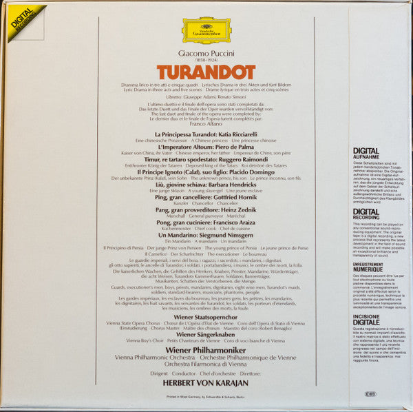 Giacomo Puccini, Katia Ricciarelli, Placido Domingo, Barbara Hendricks, Ruggero Raimondi, Wiener Staatsopernchor, Die Wiener Sängerknaben, Wiener Philharmoniker, Herbert Von Karajan : Turandot (3xLP + Box)