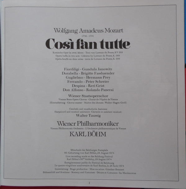 Wolfgang Amadeus Mozart - Gundula Janowitz, Brigitte Fassbaender, Reri Grist, Hermann Prey, Peter Schreier, Rolando Panerai, Wiener Philharmoniker, Karl Böhm : Così Fan Tutte  (3xLP, S/Edition + Box)