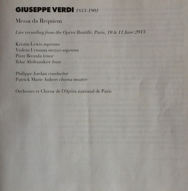 Verdi*, Kristin Lewis, Violeta Urmana, Piotr Beczala, Ildar Abdrazakov, Orchestre* Et Choeur De L'Opéra National De Paris*, Philippe Jordan : Requiem (CD, Album)