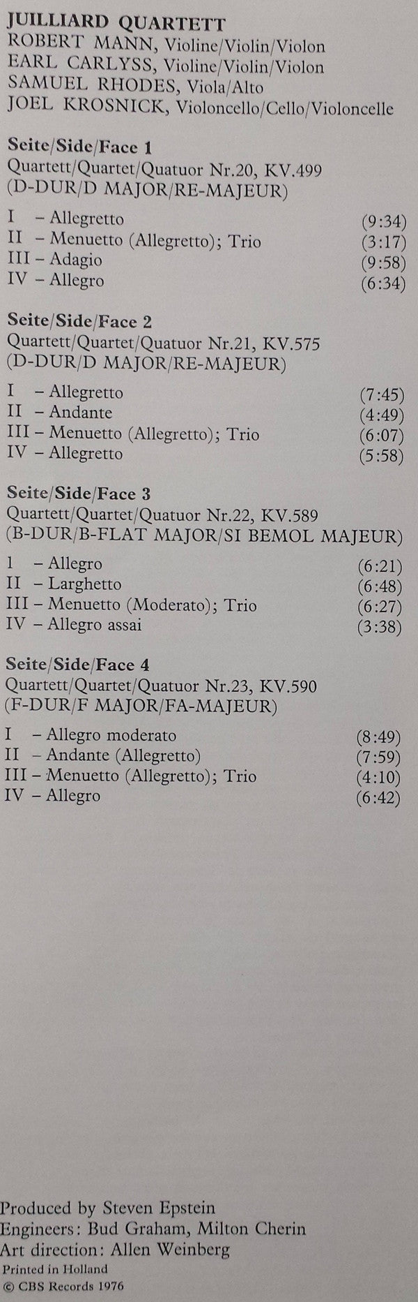 Wolfgang Amadeus Mozart - Juilliard String Quartet, Robert Mann (4), Earl Carlyss, Samuel Rhodes, Joel Krosnick : Die Vier Letzten Streichquartette [= The Last Four String Quartets / Les Quatre Derniers Quatuors A Cordes] (2xLP, Album + Box)