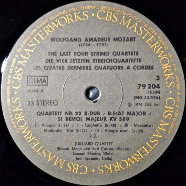 Wolfgang Amadeus Mozart - Juilliard String Quartet, Robert Mann (4), Earl Carlyss, Samuel Rhodes, Joel Krosnick : Die Vier Letzten Streichquartette [= The Last Four String Quartets / Les Quatre Derniers Quatuors A Cordes] (2xLP, Album + Box)