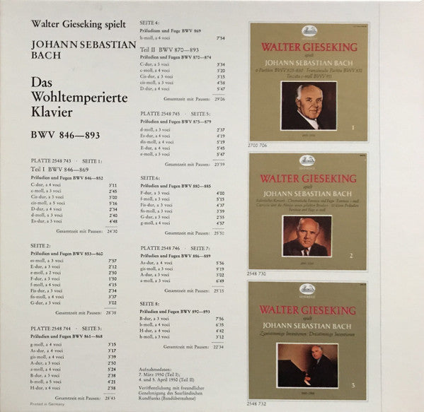 Gieseking* / Bach* : Das Wohltemperierte Klavier BWV 846-983 (4xLP, Album, Mono + Box)