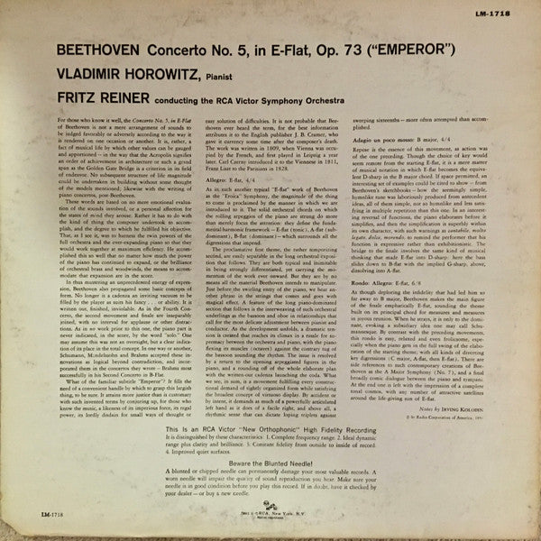 Beethoven*, Vladimir Horowitz, Fritz Reiner, RCA Victor Symphony Orchestra : "Emperor" Concerto (LP, Mono, RE)