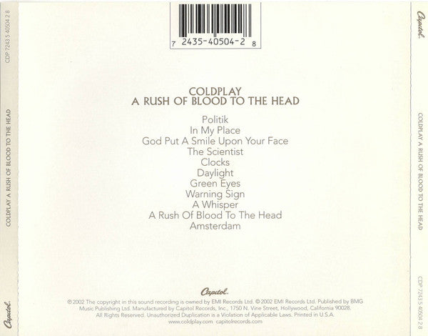 Coldplay : A Rush Of Blood To The Head (CD, Album, RE, Cin)