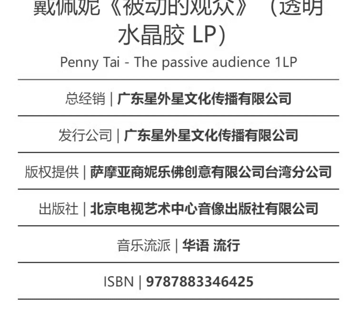 Dai Penny album Passive Audience Clear Crystal Phonograph LP vinyl  官方正版 戴佩妮专辑 被动的观众 透明水晶胶 留声机LP黑胶唱片