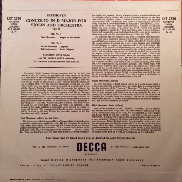 Ludwig van Beethoven, Ruggiero Ricci, Sir Adrian Boult Conducting The London Philharmonic Orchestra : Concerto In D Major For Violin & Orchestra (LP, Mono)