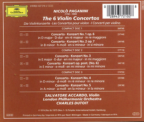 Niccolò Paganini - Salvatore Accardo, The London Philharmonic Orchestra, Charles Dutoit : The 6 Violin Concertos = -Die Violinkonzerte (3xCD, Album)