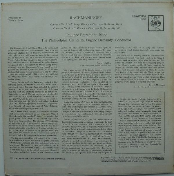 Sergei Vasilyevich Rachmaninoff, Philippe Entremont, Eugene Ormandy Conducts The Philadelphia Orchestra : Piano Concerto Nos. 1 And 4 (LP)