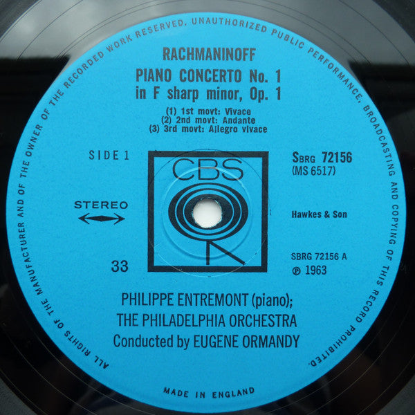 Sergei Vasilyevich Rachmaninoff, Philippe Entremont, Eugene Ormandy Conducts The Philadelphia Orchestra : Piano Concerto Nos. 1 And 4 (LP)