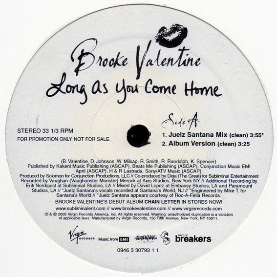 Brooke Valentine : Long As You Come Home (12", Promo)