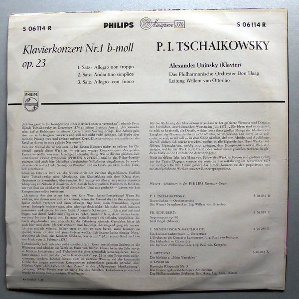 Alexander Uninsky, The Hague Philharmonic, Willem Van Otterloo : P. I. Tschaikowsky, Klavierkonzert Nr.1 B-moll Op. 23 (10", Album)