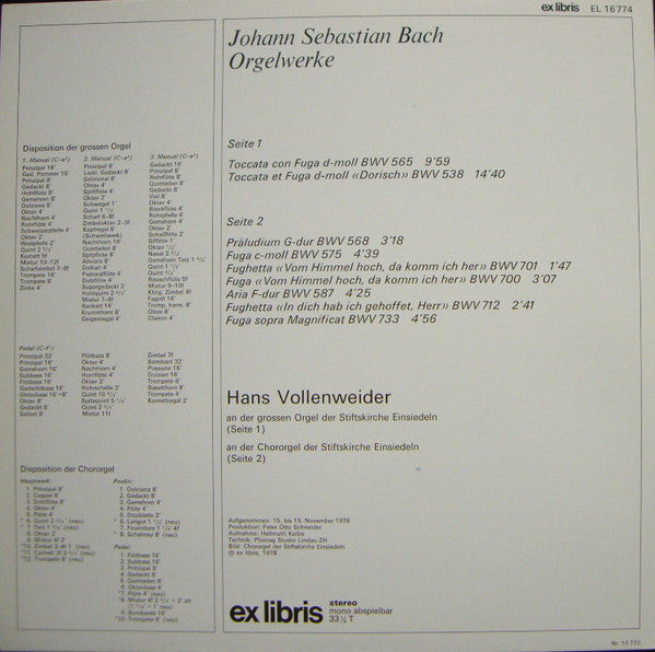 Johann Sebastian Bach, Hans Vollenweider : Bach In Einsiedeln (LP)