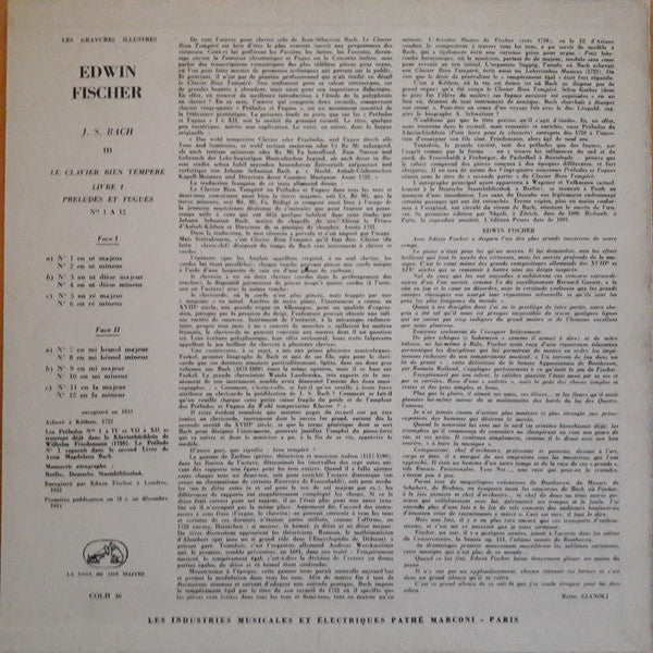 Edwin Fischer - Johann Sebastian Bach : Le Clavier Bien Tempéré Livre I - Préludes Et Fugues Nos 1 À 12 (LP, Comp, Mono, RE)