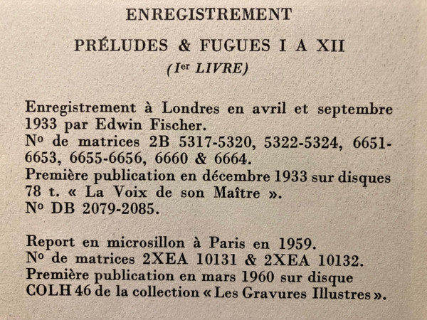 Edwin Fischer - Johann Sebastian Bach : Le Clavier Bien Tempéré Livre I - Préludes Et Fugues Nos 1 À 12 (LP, Comp, Mono, RE)