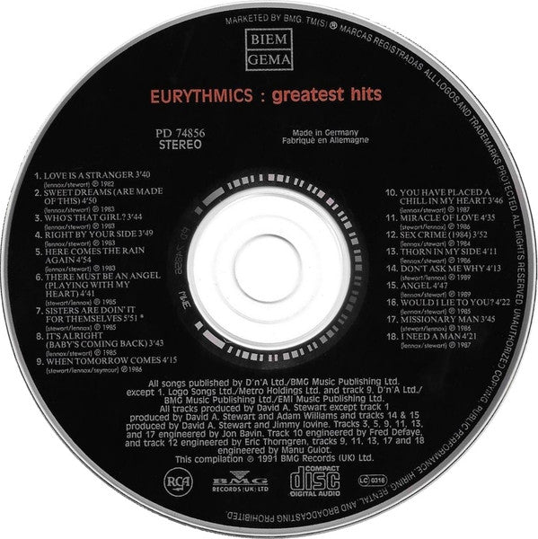 Eurythmics : Greatest Hits (CD, Comp, WME)