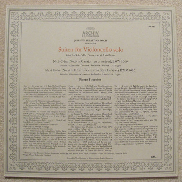 Johann Sebastian Bach - Pierre Fournier : Suiten Für Violoncello Solo Nr.3 C-dur (In C Major/ En Ut Majeur) / Nr.4 Es-dur (In E Flat Major / En Mi Bemol Majeur) (LP, Album, RE)