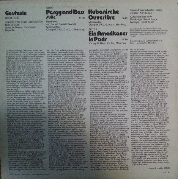 George Gershwin - Gewandhausorchester Leipzig · Kurt Masur : Porgy And Bess Suite / Kubanische Ouvertüre / Ein Amerikaner In Paris (LP)