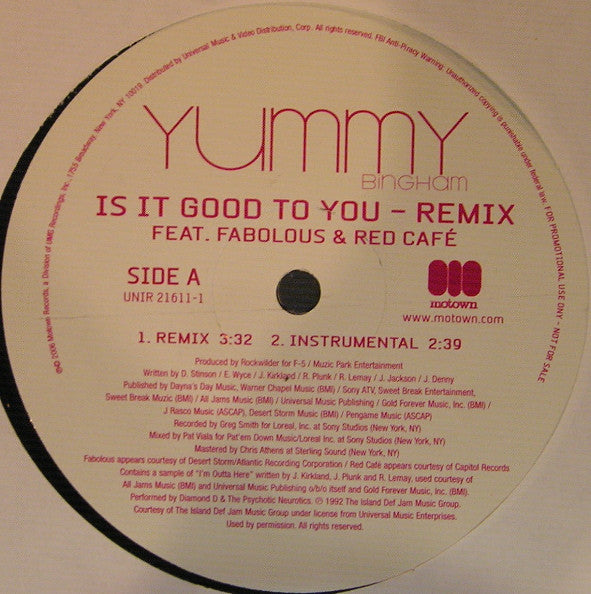 Elizabeth "Yummy" Bingham Feat. Fabolous & Red Cafe : Is It Good To You (Remix) (12", Promo)