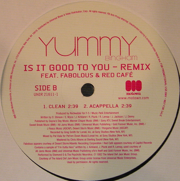 Elizabeth "Yummy" Bingham Feat. Fabolous & Red Cafe : Is It Good To You (Remix) (12", Promo)