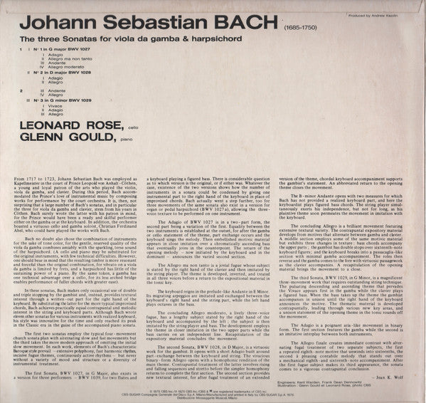 Johann Sebastian Bach - Leonard Rose, Glenn Gould : The Sonatas For Viola Da Gamba (LP, Album)