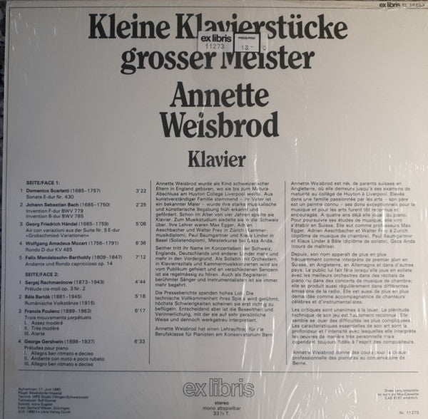 Annette Weisbrod : Kleine Klavierstücke Grosser Meister (LP)