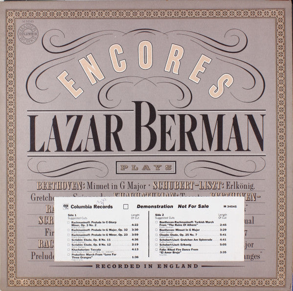 Lazar Berman : Encores (LP, Album, Promo + 7", Mono, Promo, Styrene)