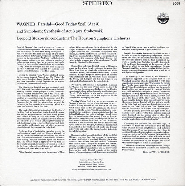 Leopold Stokowski Conducting Houston Symphony Orchestra : Parsifal (Good Friday Spell And Symphonic Synthesis Of Act 3) (LP, Album, RE)