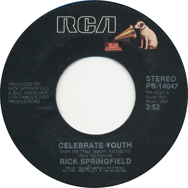 Rick Springfield : Celebrate Youth (7", Single, Styrene, Ind)