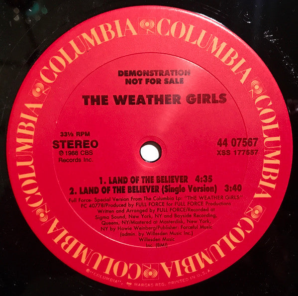 The Weather Girls : Land Of The Believers (12", Single, Promo)