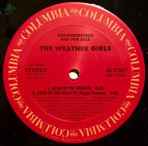 The Weather Girls : Land Of The Believers (12", Single, Promo)