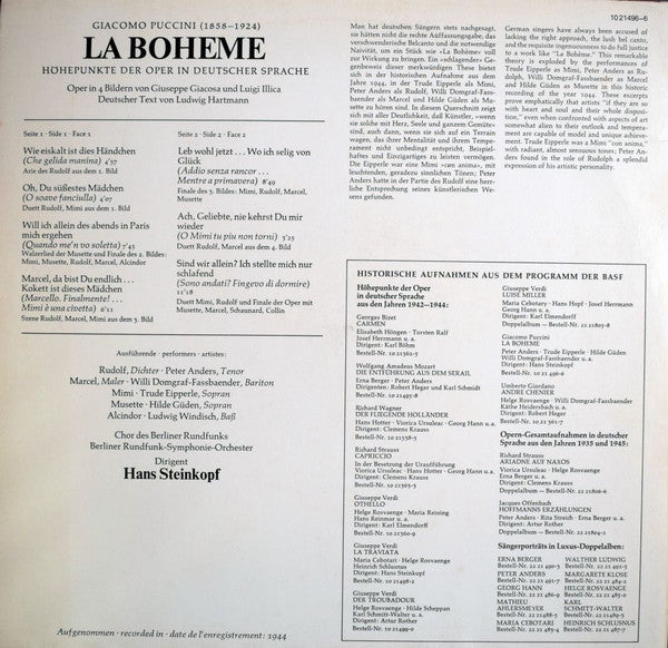 Giacomo Puccini - Trude Eipperle ·  Hilde Güden ·  Peter Anders (2), Willy Domgraf-Faßbaender, Rundfunk-Sinfonieorchester Berlin Dirigent Hanns Steinkopf : La Boheme  Höhepunkte Der Oper In Deutscher Sprache (LP, Album, Comp, Mono)