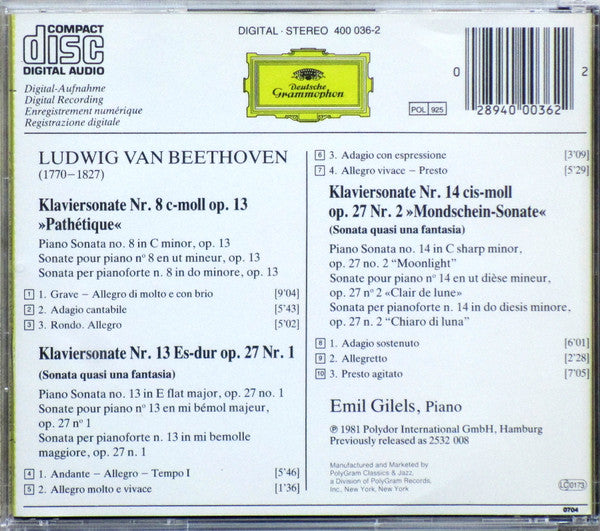 Ludwig van Beethoven – Emil Gilels : Sonaten: »Pathétique« • »Mondschein / Moonlight / Clair De Lune« (CD, Album, RE)