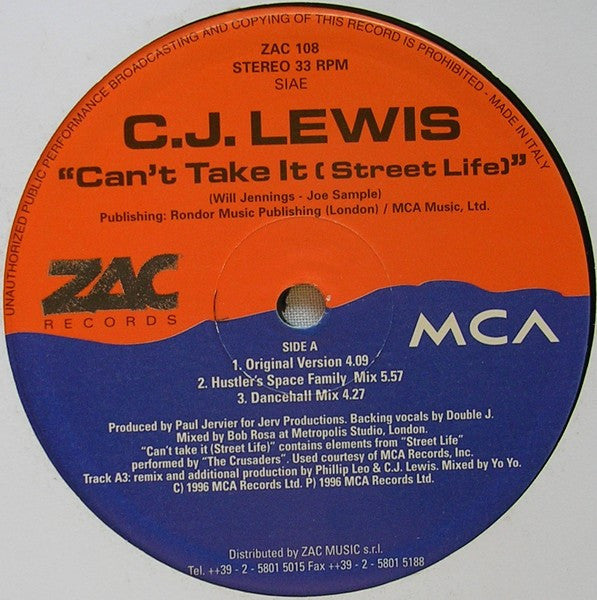 CJ Lewis : Can't Take It (Street Life) (12")