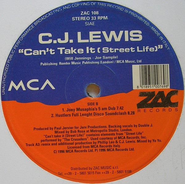 CJ Lewis : Can't Take It (Street Life) (12")